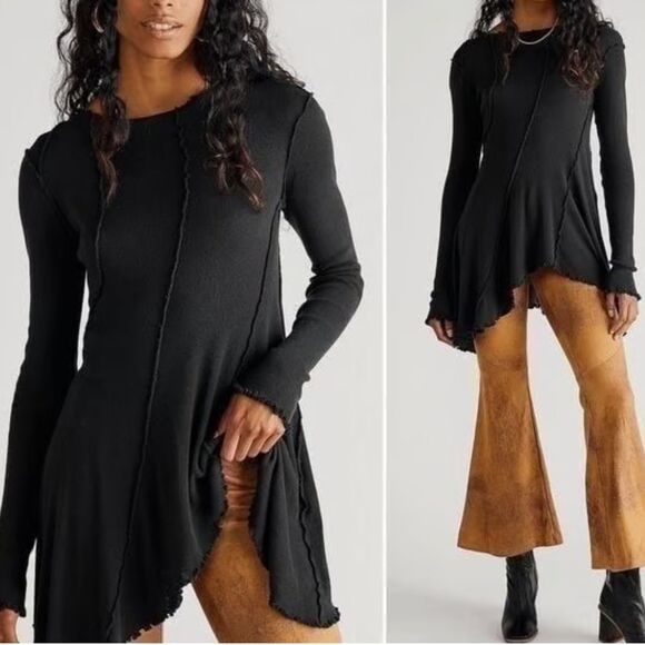 We the Free People Full Swing Tunic Top Mini Dress Long Slv Black Asymmetrical L - Picture 1 of 14